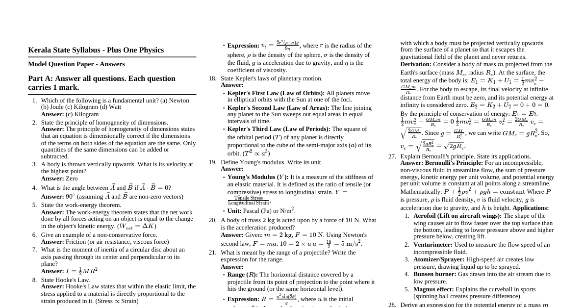 Plus One Physics Model Paper