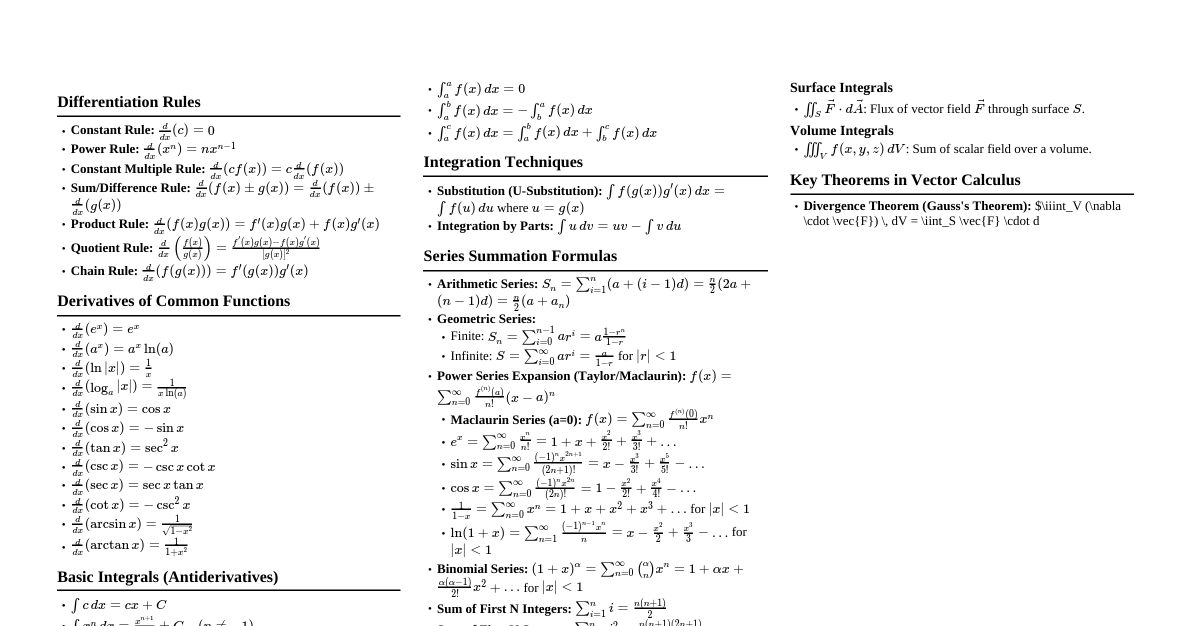 Calculus Formulas for Physics