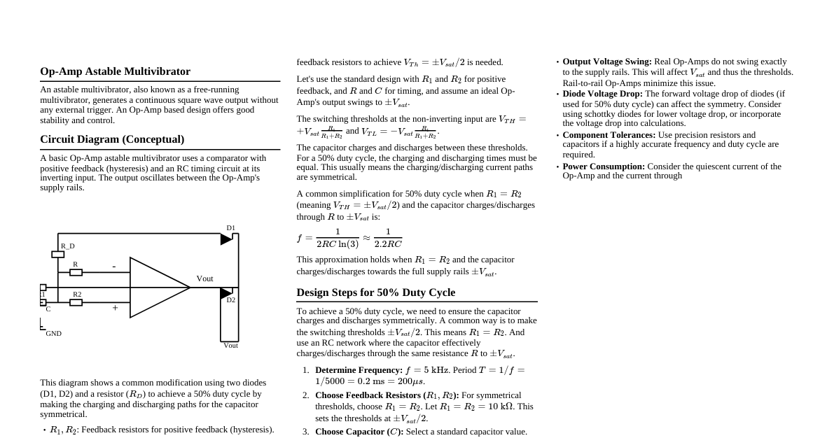 Op-Amp Astable Multivibrator Design