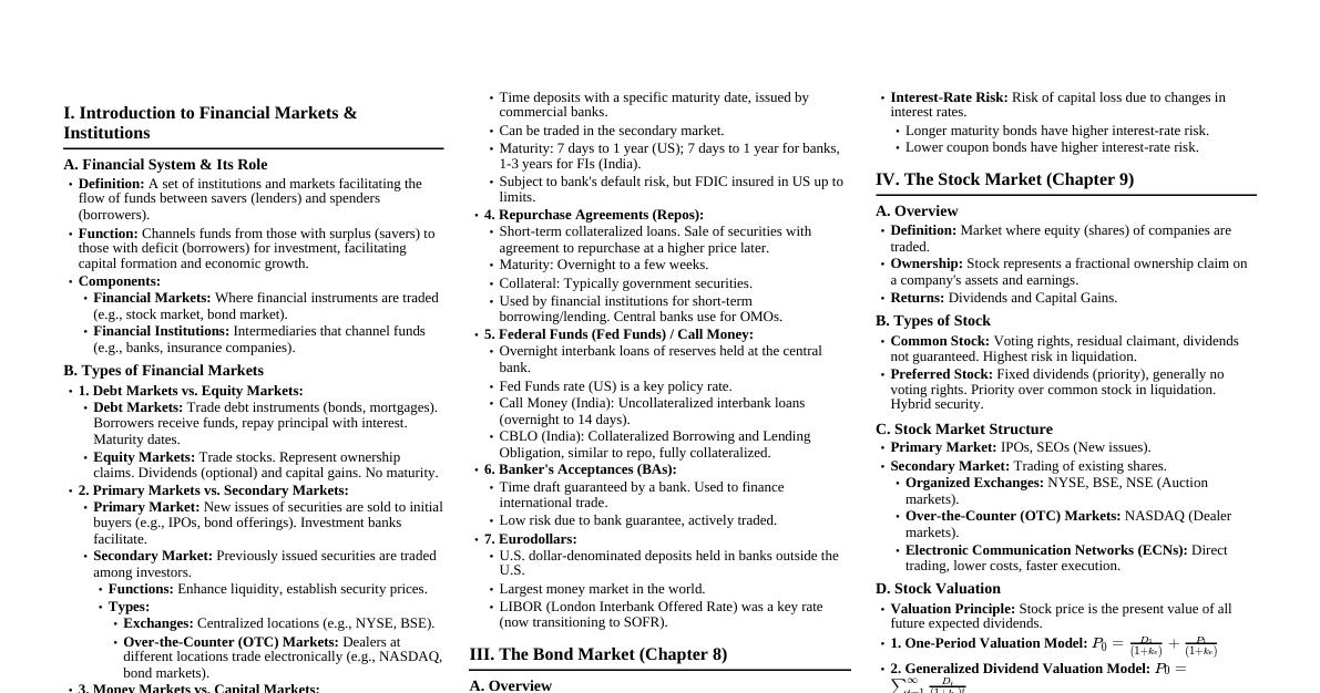 Money & Financial Markets (MFM) - Post-M