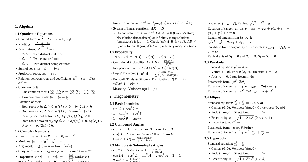 JEE Advanced Math Cheatsheet