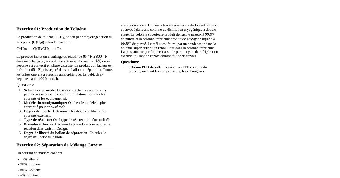 Exercises de Simulation de Procédés