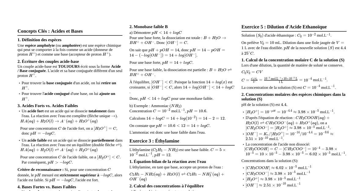 Acides-Bases : Exercices corrigés