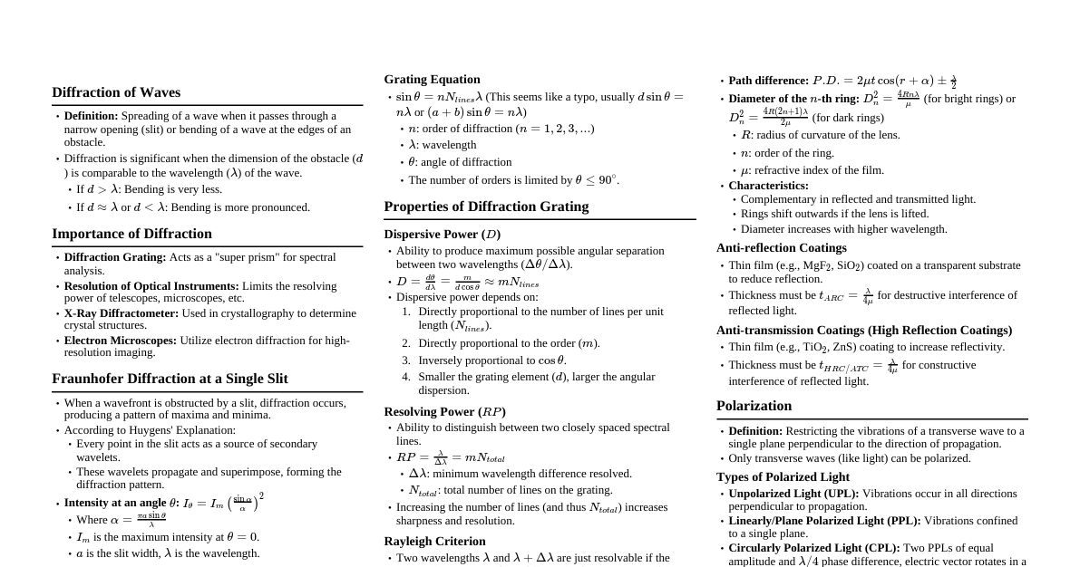 Diffraction, Interference & Polarization