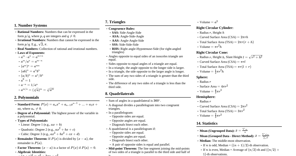 Class 9 Maths Formulae