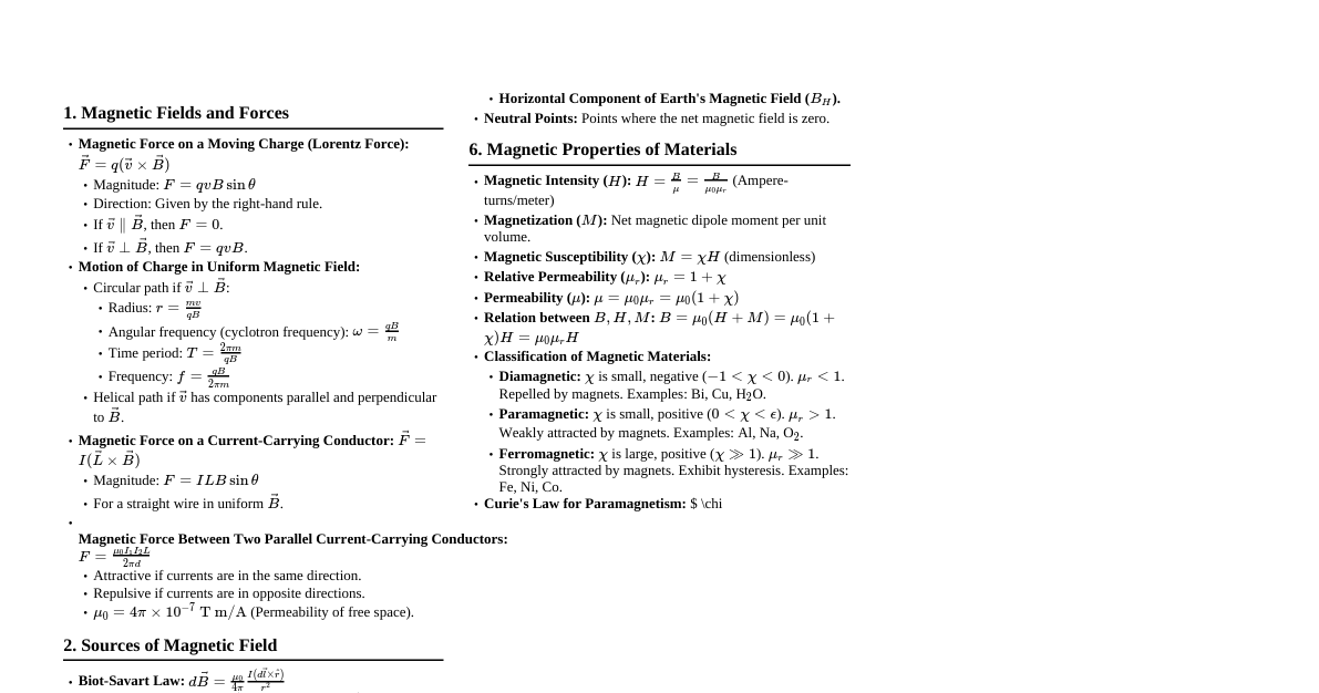 MHT-CET Magnetism Cheatsheet