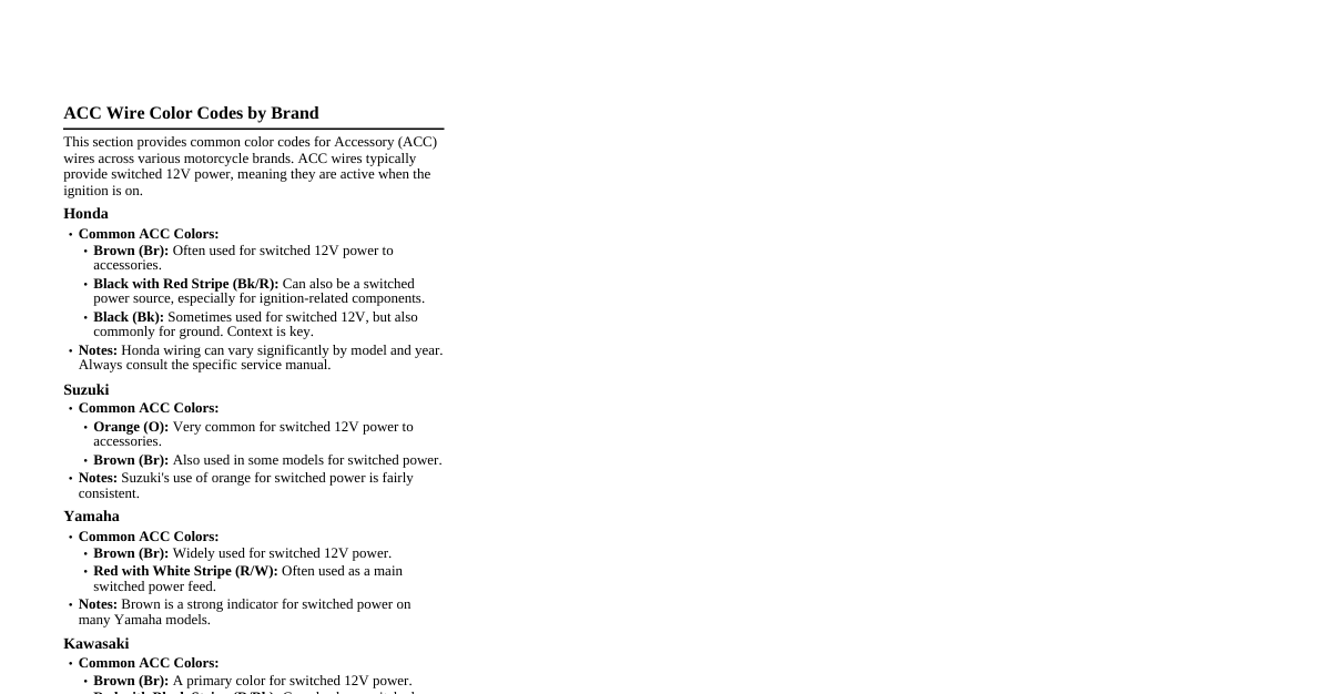 Motorcycle ACC Wire Color Codes