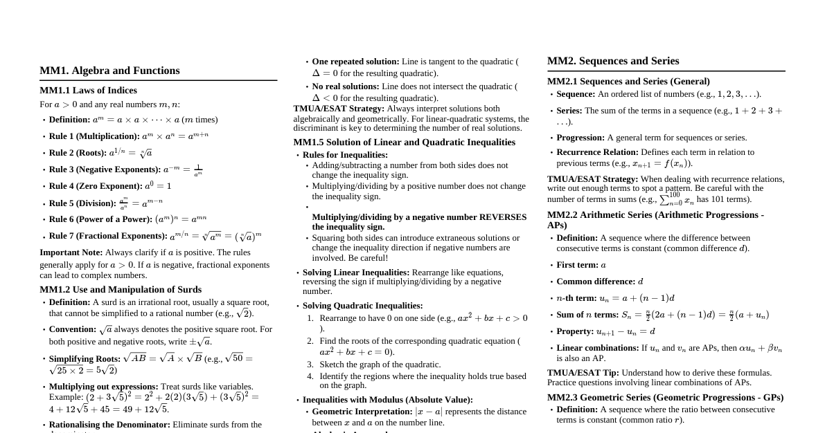 Mathematics for TMUA & ESAT