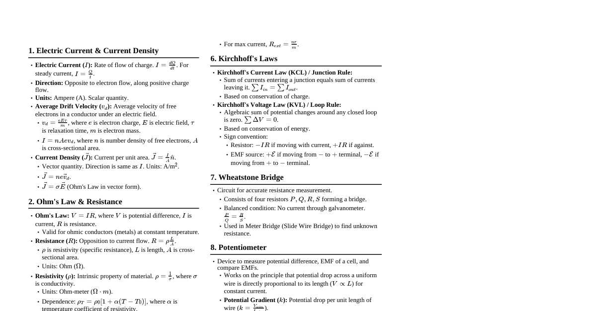 Current Electricity JEE Cheatsheet
