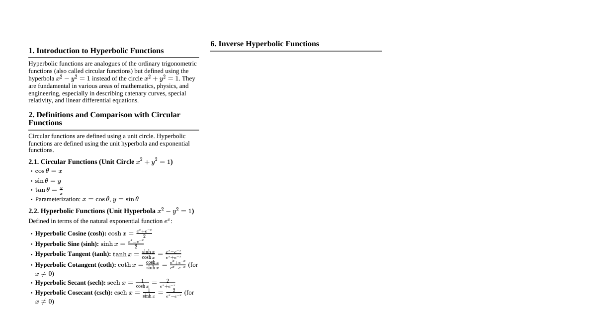 Hyperbolic Functions Cheatsheet