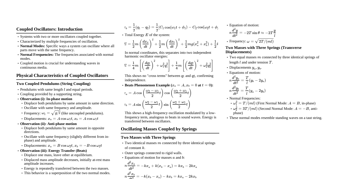 Coupled Oscillators Cheatsheet