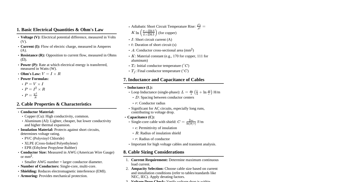 Electrical Cables Cheatsheet