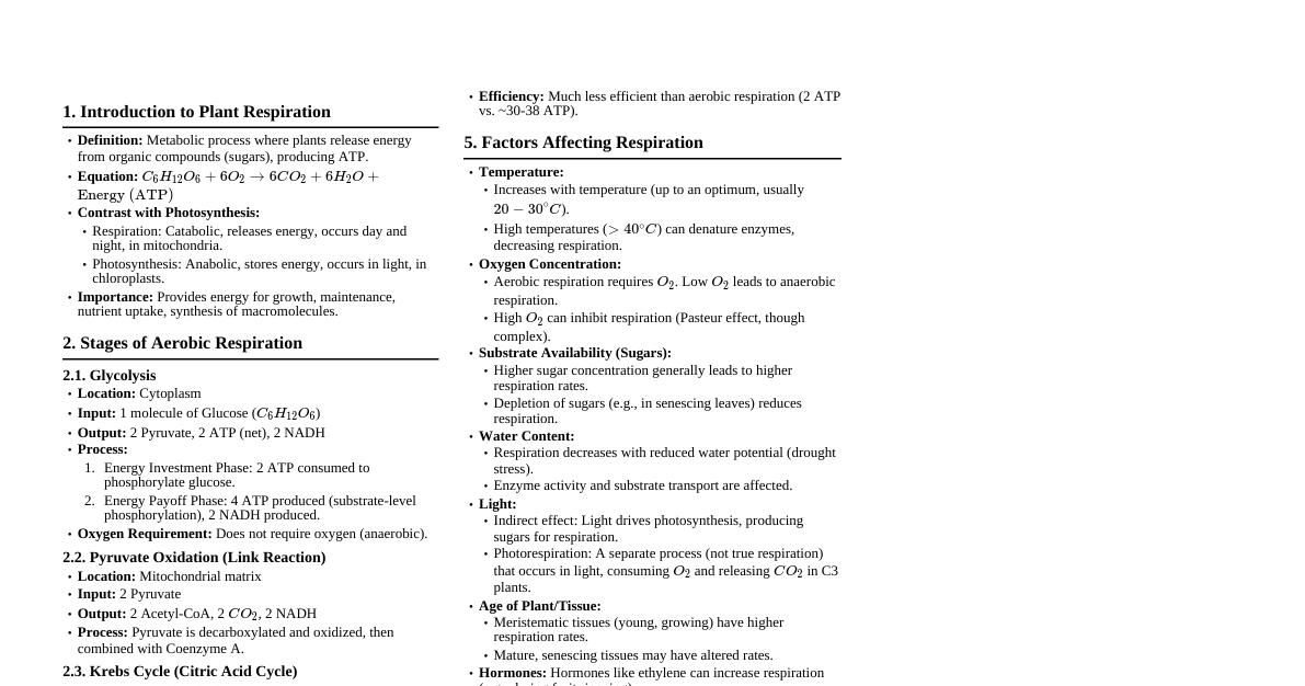 Plant Respiration Cheatsheet
