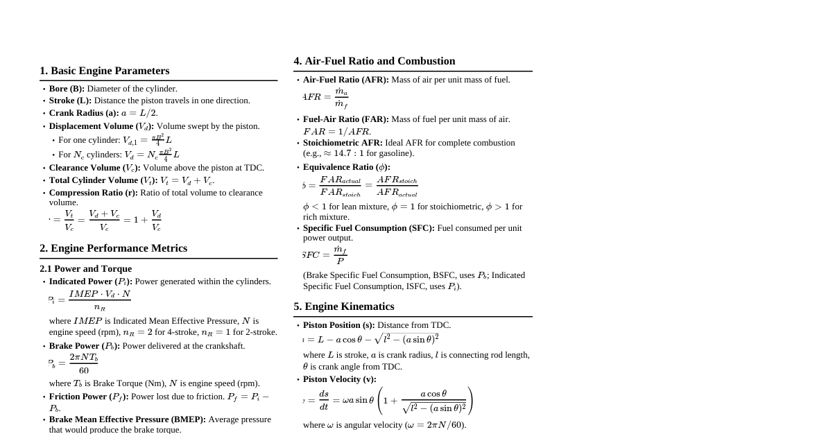 Internal Combustion Engine Formulas