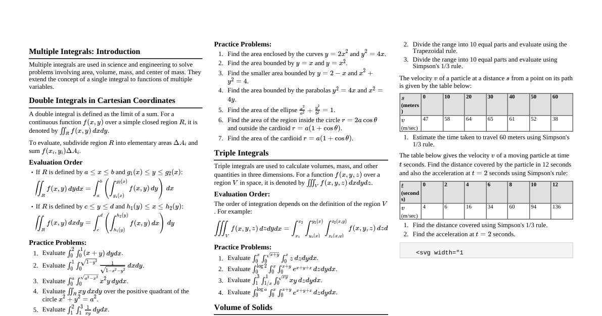 Multiple Integrals Cheatsheet
