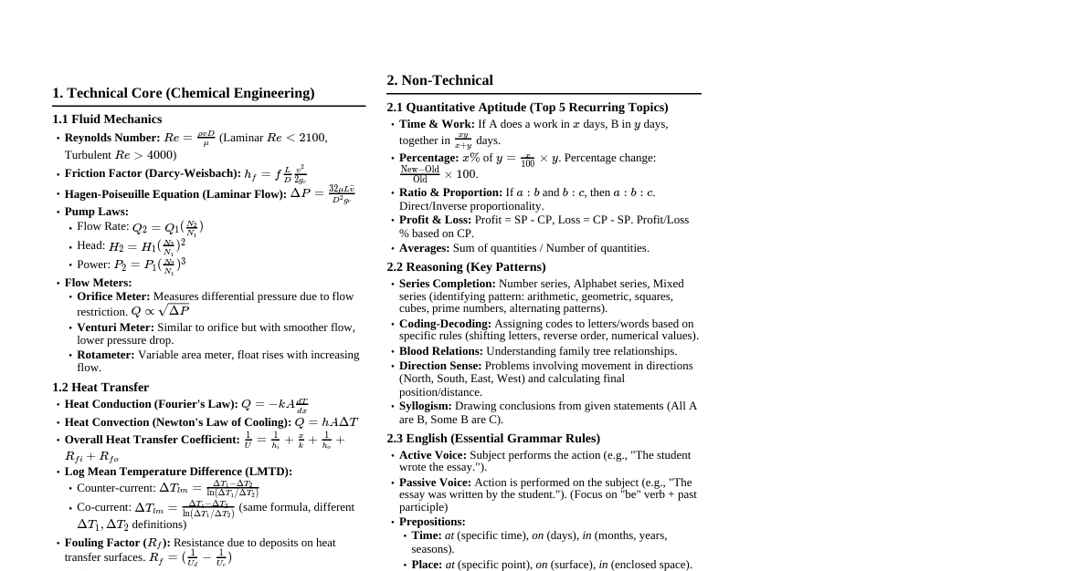 IOCL JEA Chemical Engineering Cheat Shee