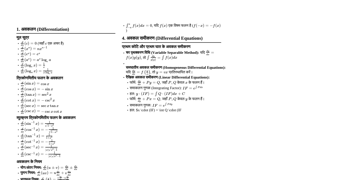 कैलकुलस सूत्र (कक्षा 12)