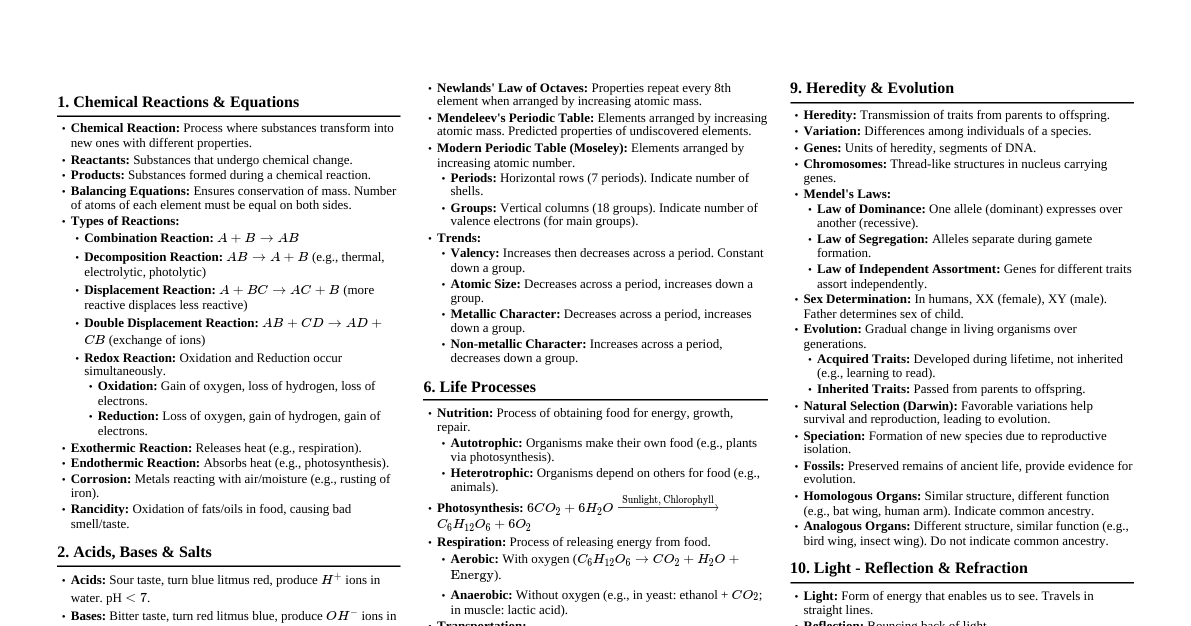 Class 10 NCERT Science Notes