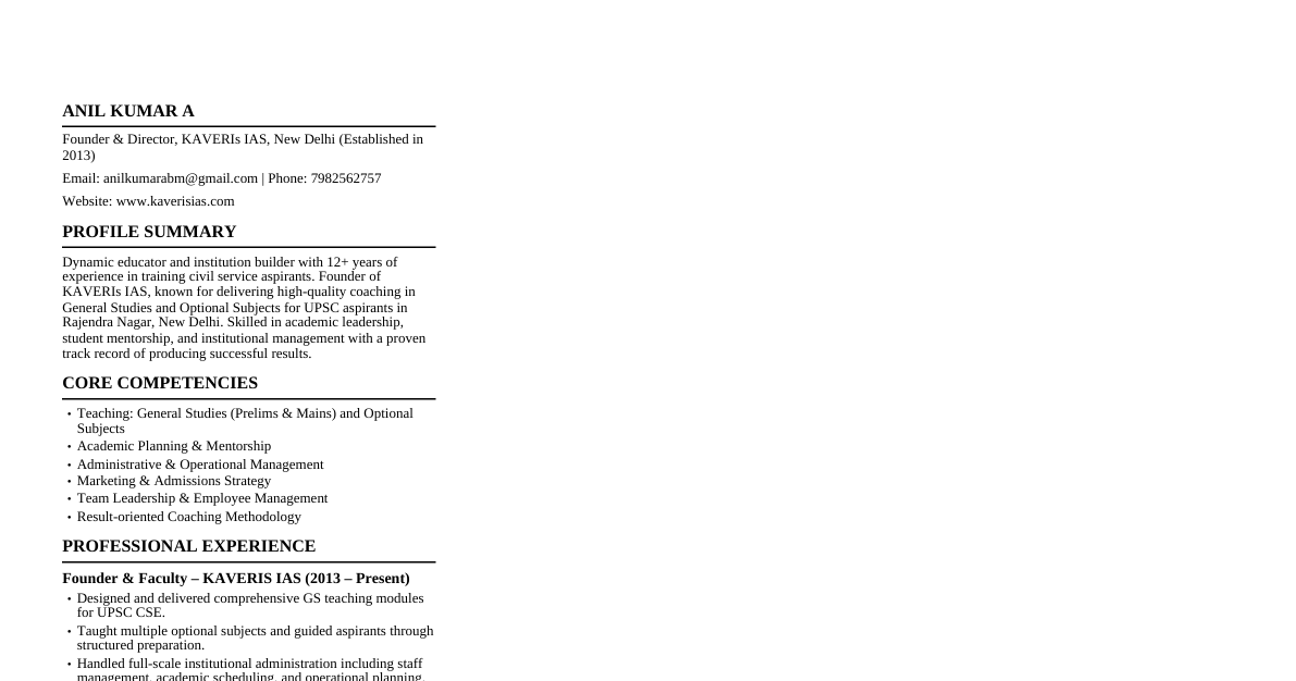 Anil Kumar A - Profile Summary