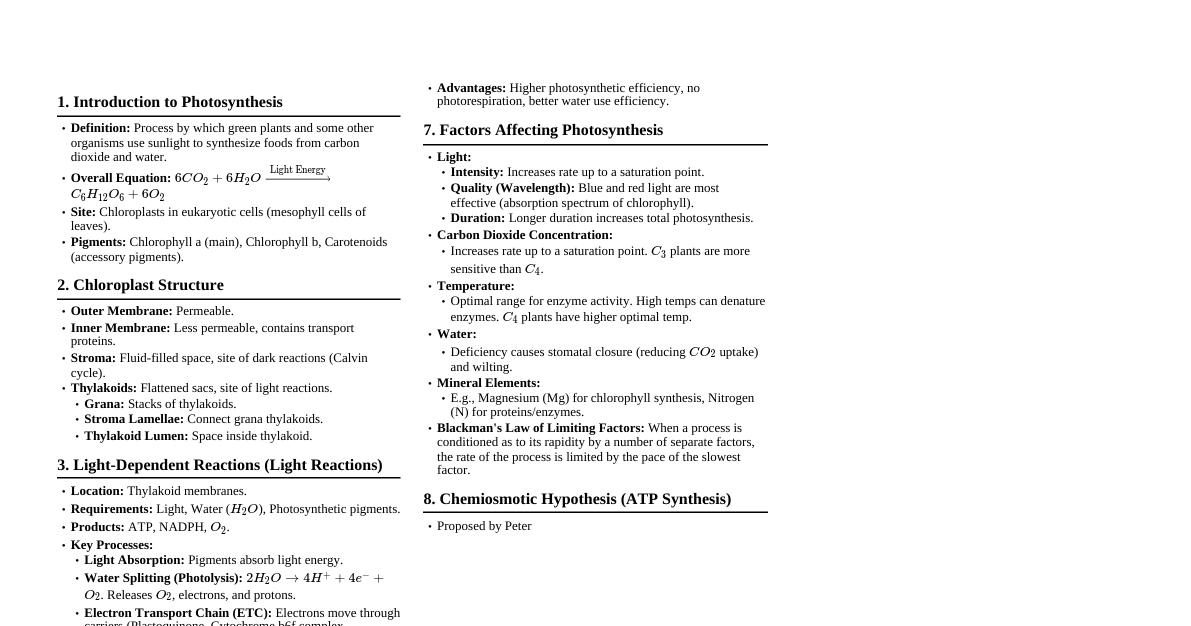 Photosynthesis Cheatsheet