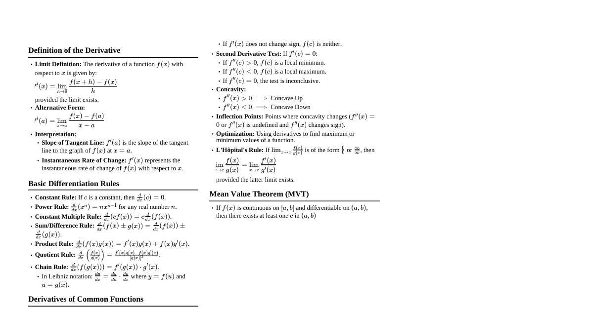 Derivative Cheatsheet