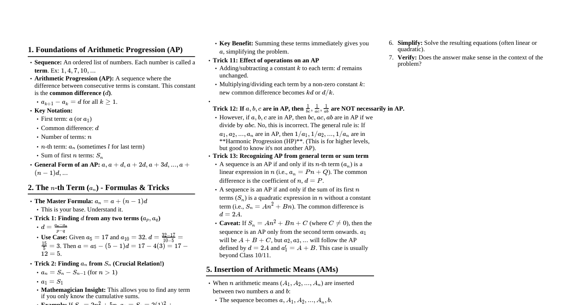 Arithmetic Progressions (AP) Cheatsheet