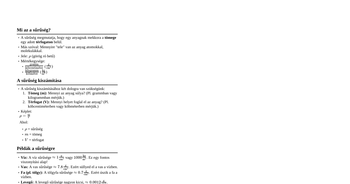 Sűrűség összefoglaló