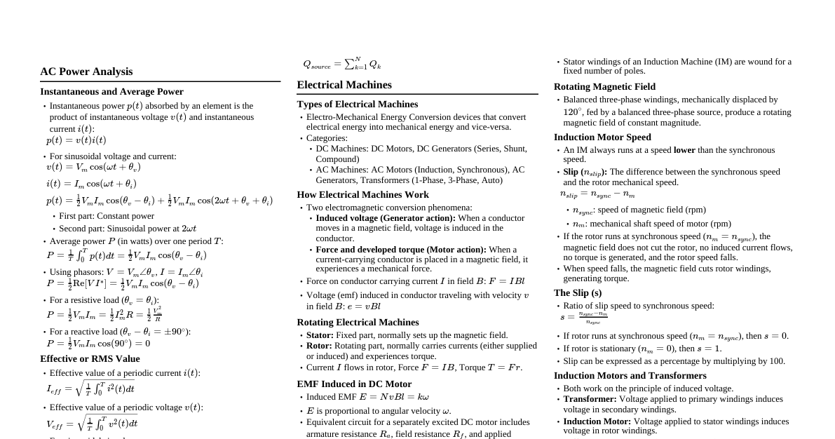AC Power Analysis & Electrical Machines