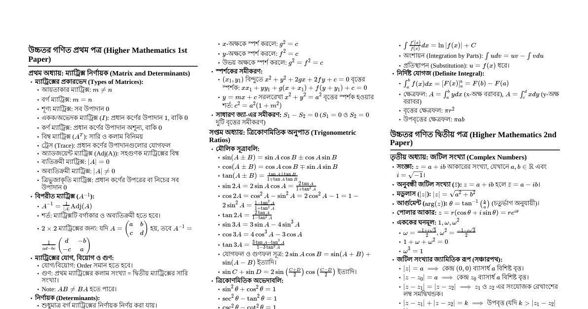 Higher Math Admission Cheat Sheet