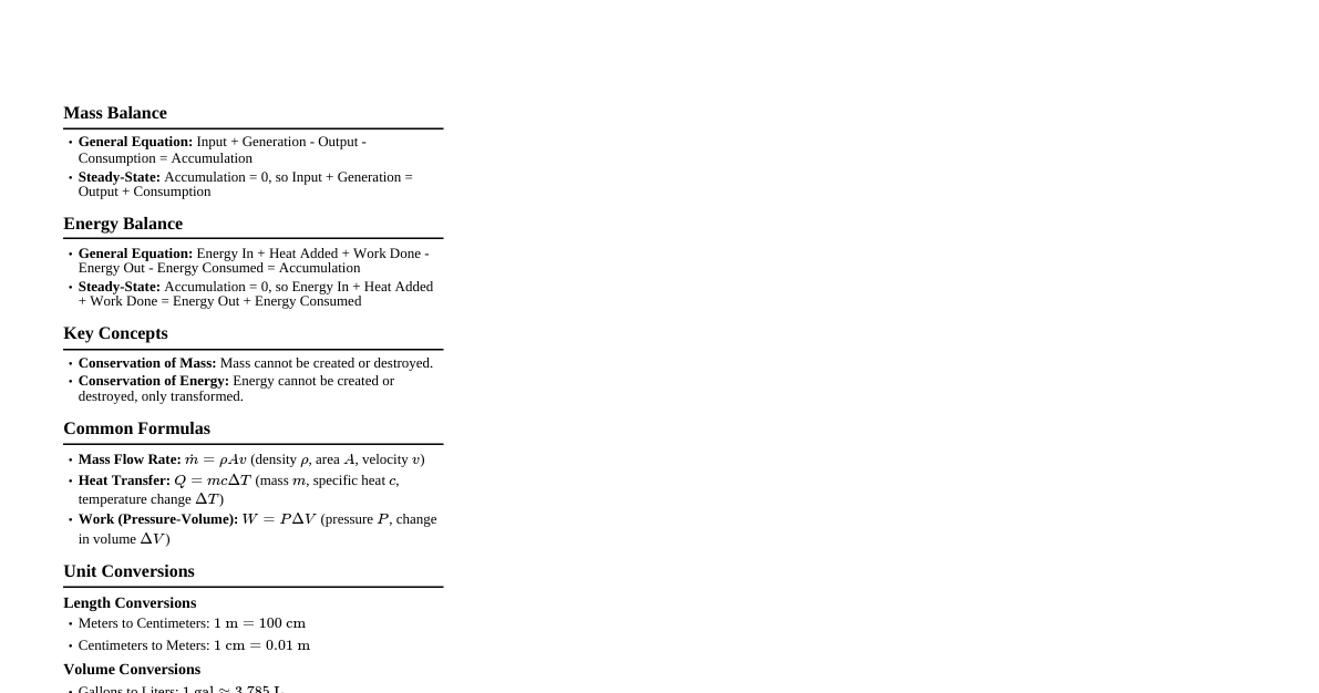 Mass & Energy Balance Cheatsheet