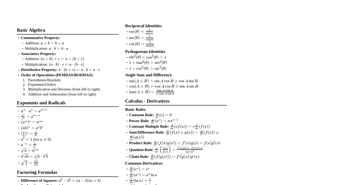 Mathematics Cheatsheet