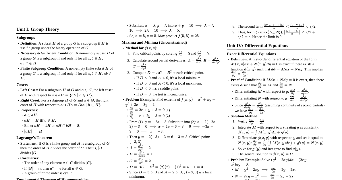 Advanced Calculus & Algebra Cheatsheet