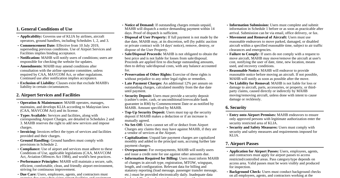 KLIA Conditions of Use Summary