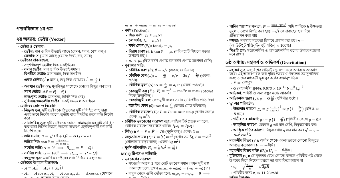 পদার্থবিজ্ঞান ১ম ও ২য় পত্র চিটশিট