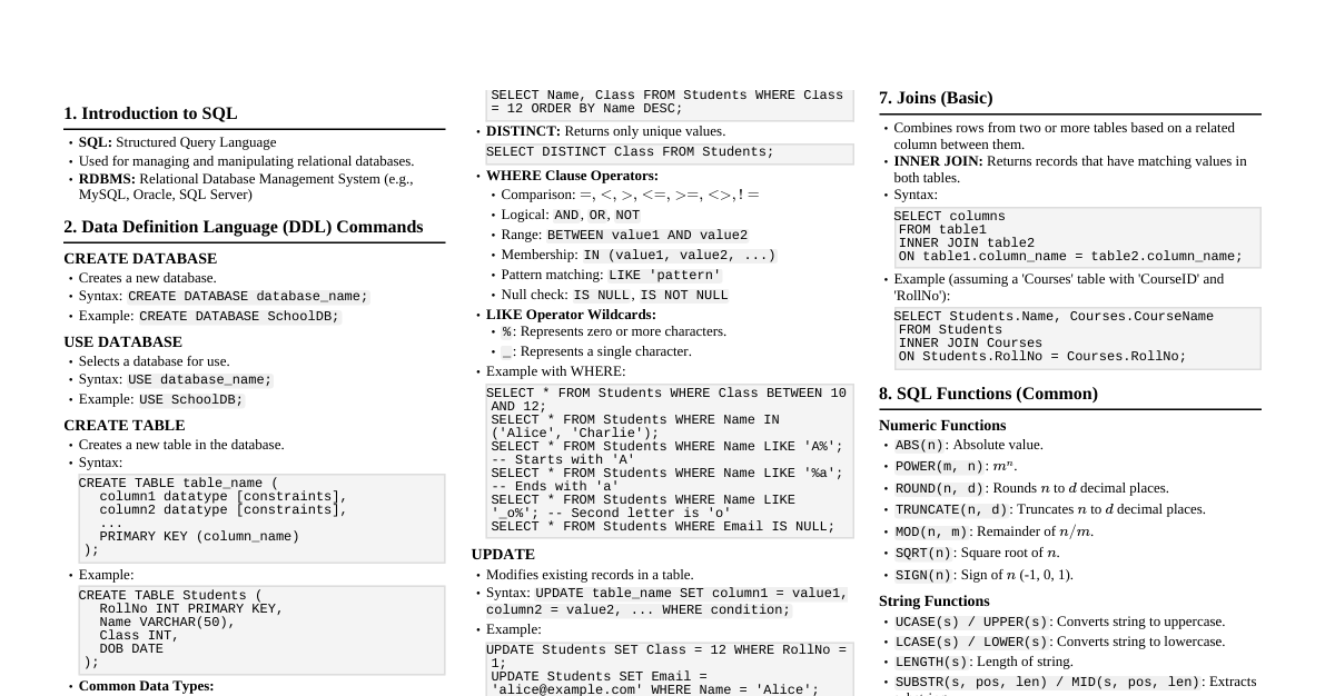 CBSE Class 12 CS SQL Cheatsheet