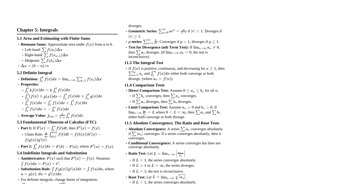 Calculus Quiz Prep (Ch 5, 6, 11)
