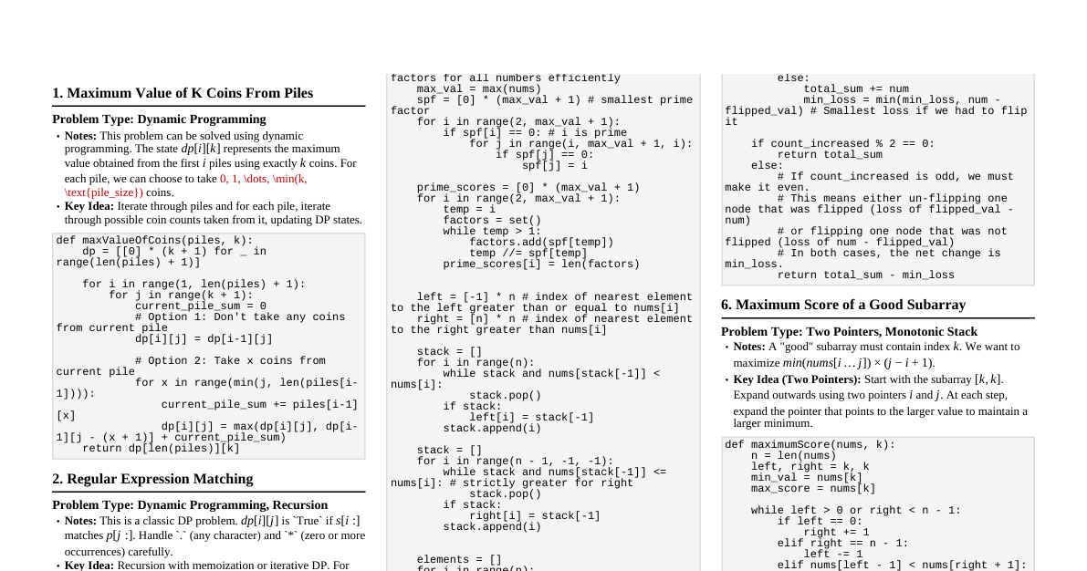 LeetCode Problem Solutions Cheatsheet