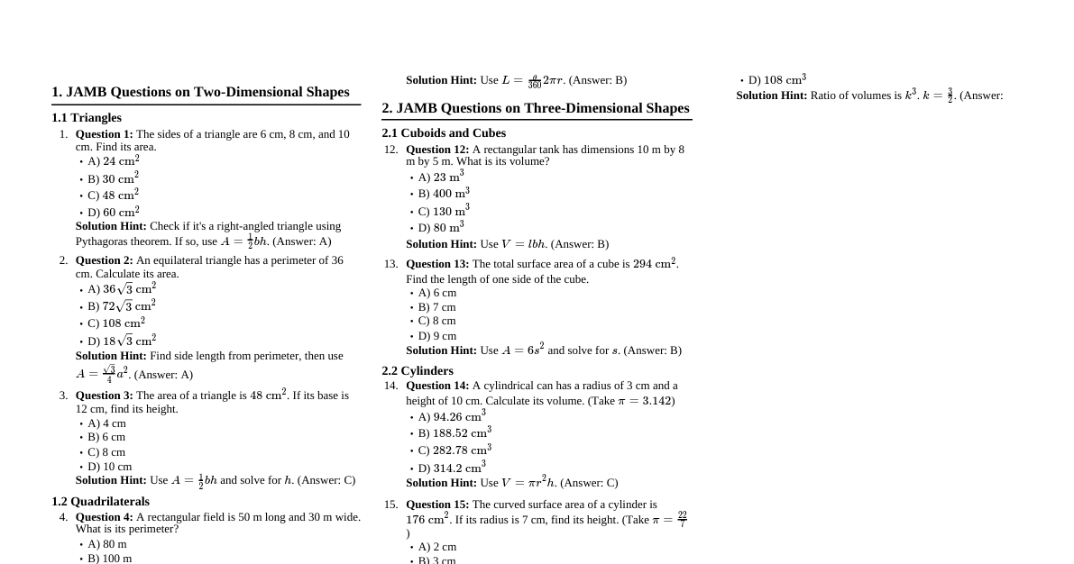 Mensuration SS3 Cheatsheet