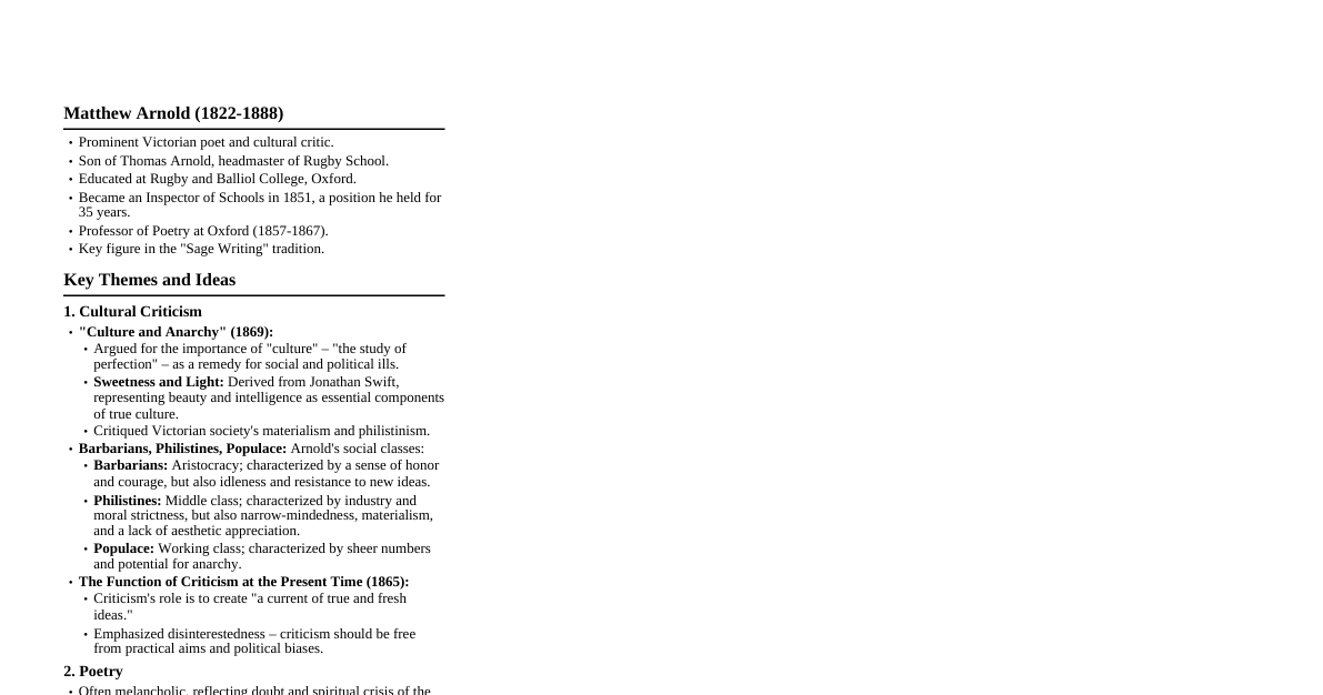 Matthew Arnold Cheatsheet