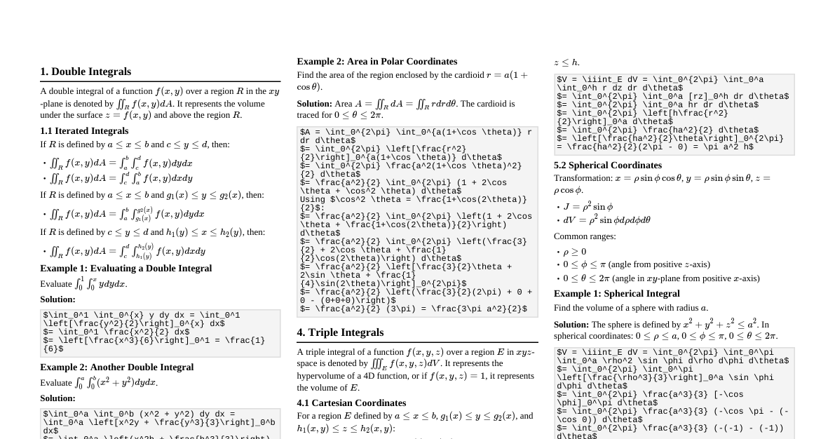 Multiple Integrals Cheatsheet