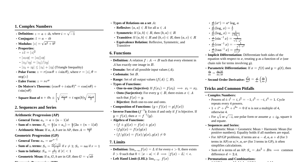 11th Std Maths Formulas (Ch 1-9)