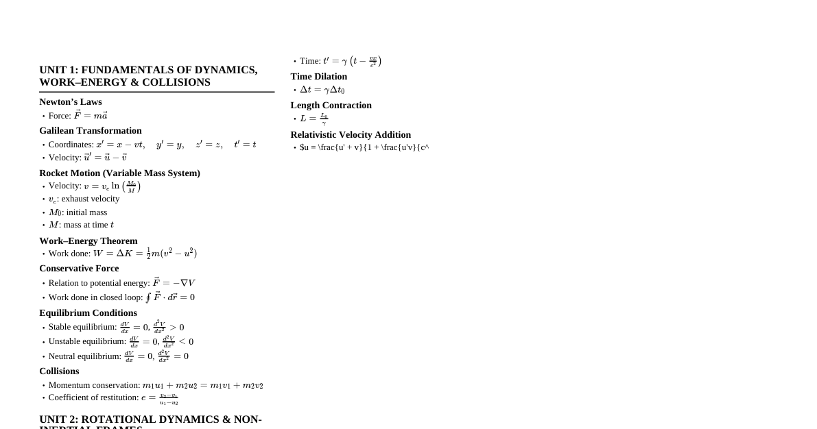 Mechanics (DSC-2) Formula Sheet
