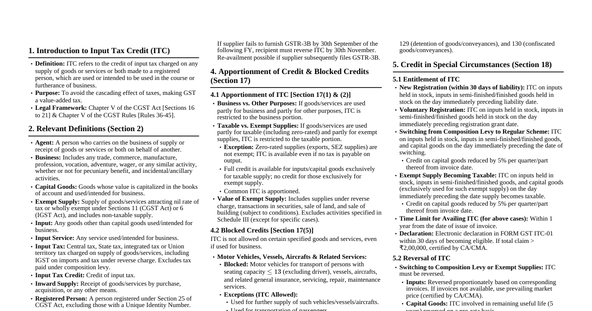 Input Tax Credit (ITC) under GST
