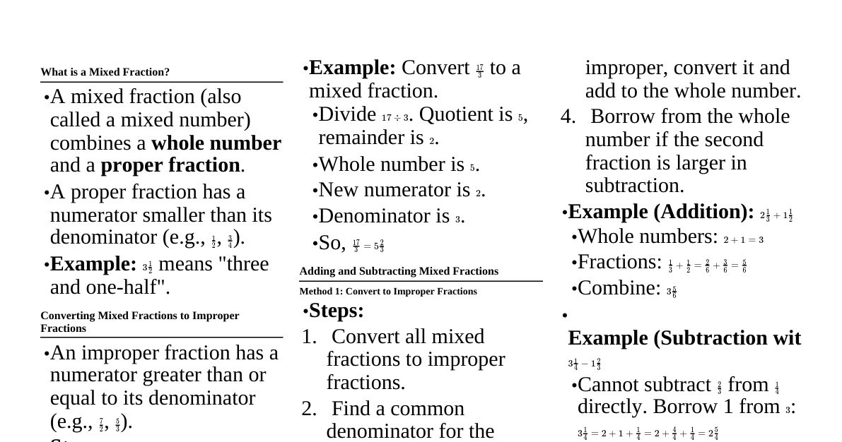 Mixed Fractions Cheatsheet