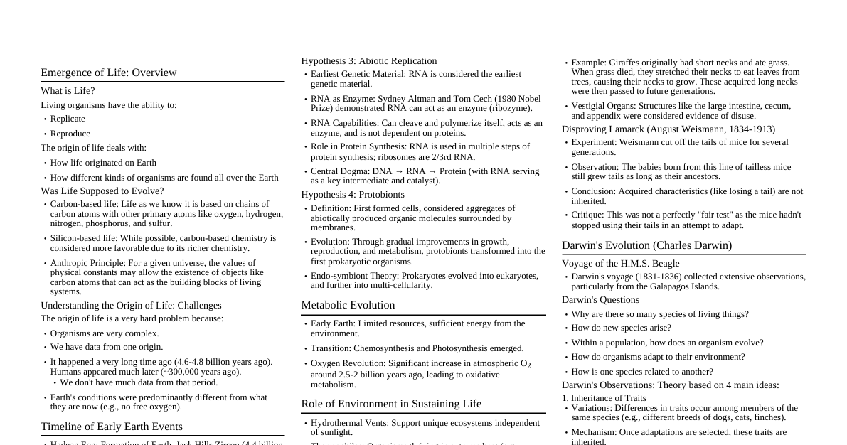 Emergence of Life & Biomolecul