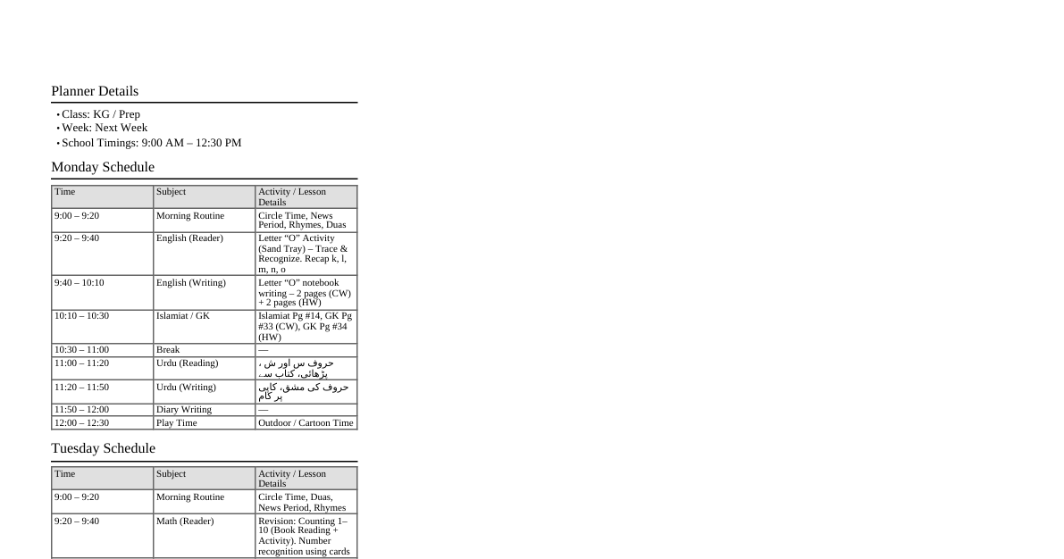 KG/Prep Weekly Planner