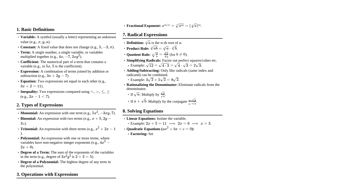 Algebraic Expressions Cheatsheet