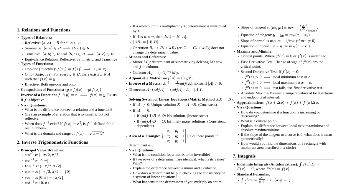 CBSE Class 12 Maths Viva Cheatsheet