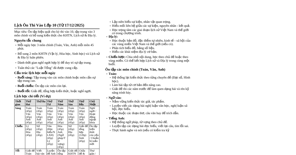 Lịch Ôn Thi Vào Lớp 10