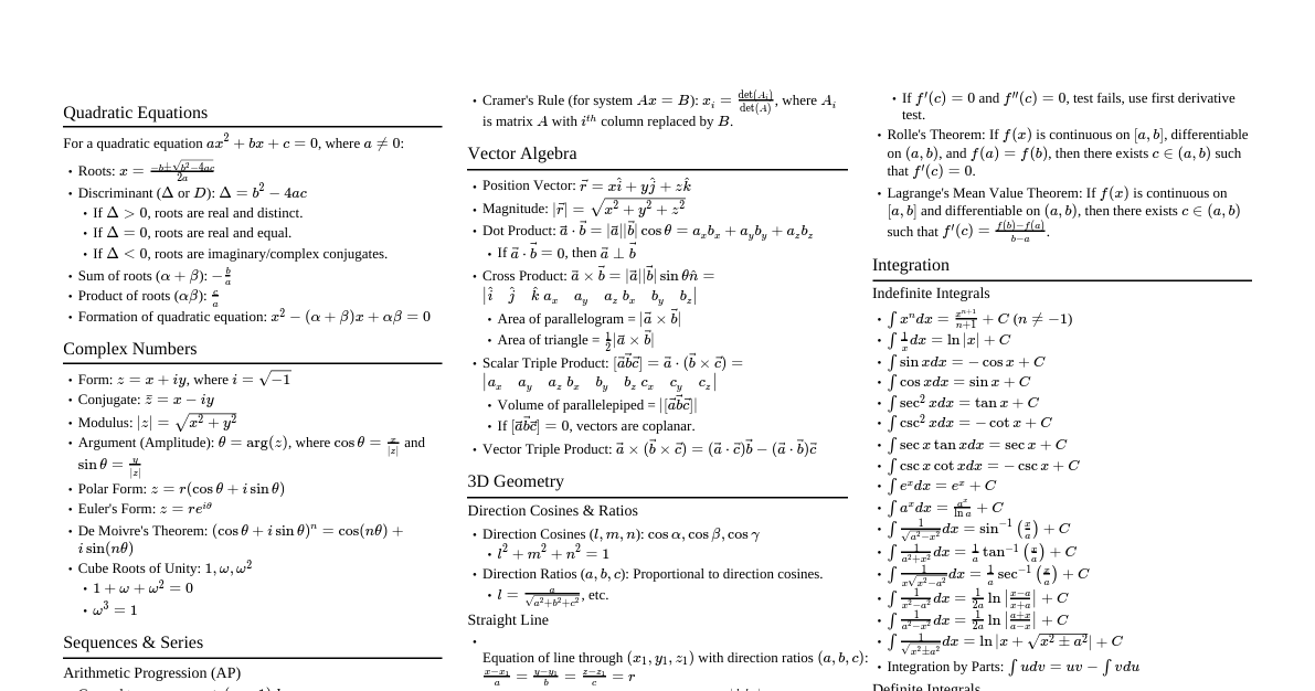 JEE Mains Maths Formulae